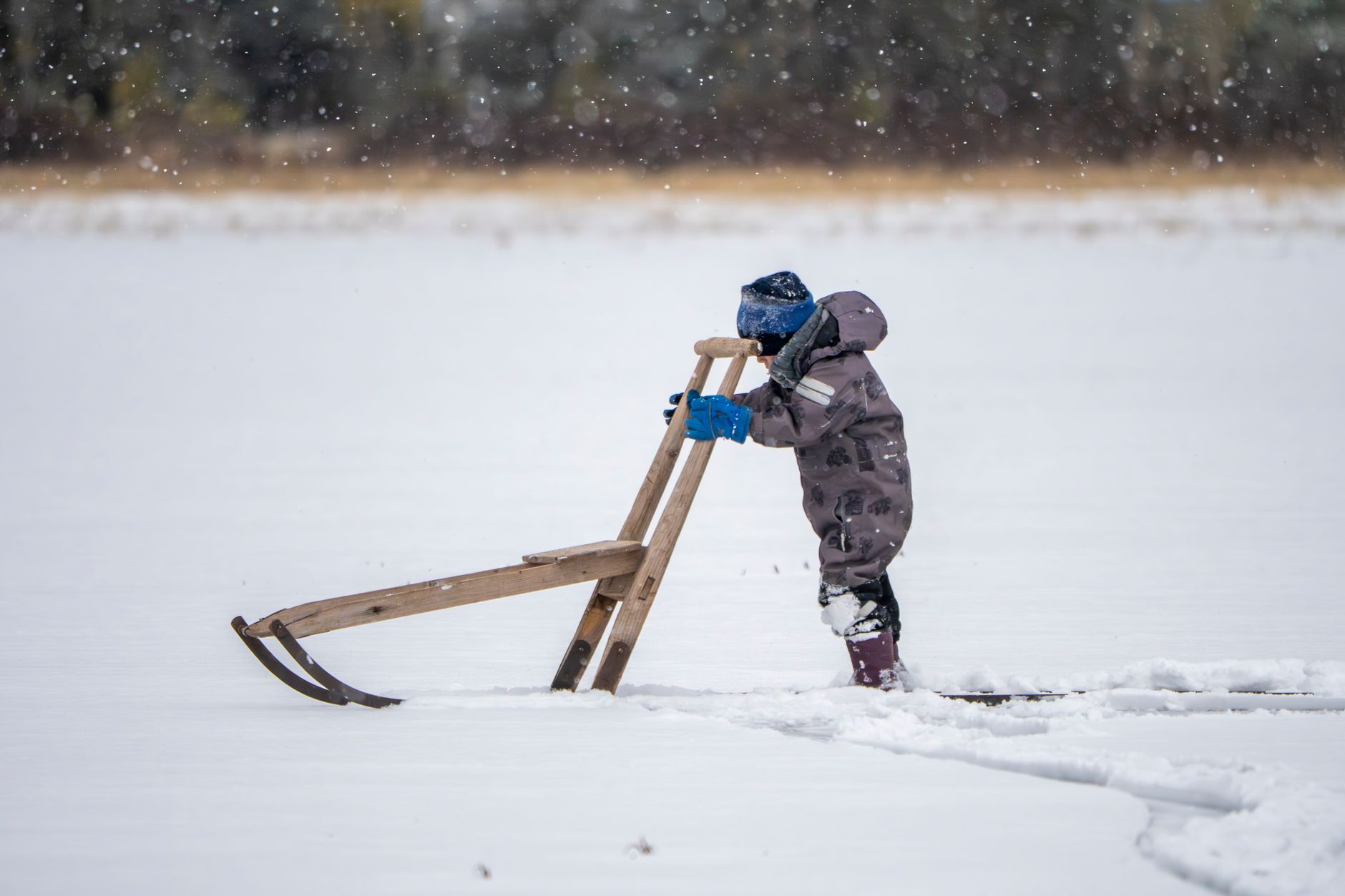child sledding snow hill